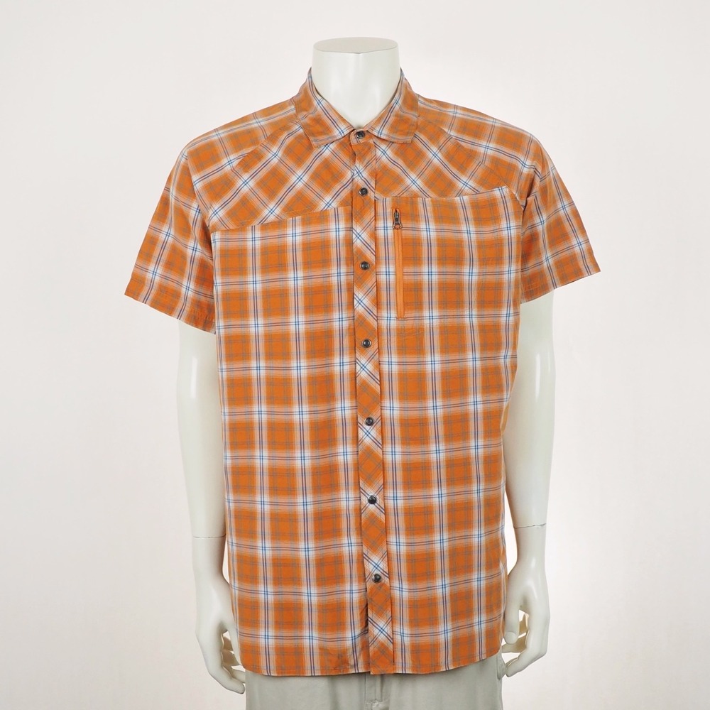 REI Co-op Pearl Snap Shirt Mens XL Orange Plaid Cotton Blend Casual Hiking Tech
